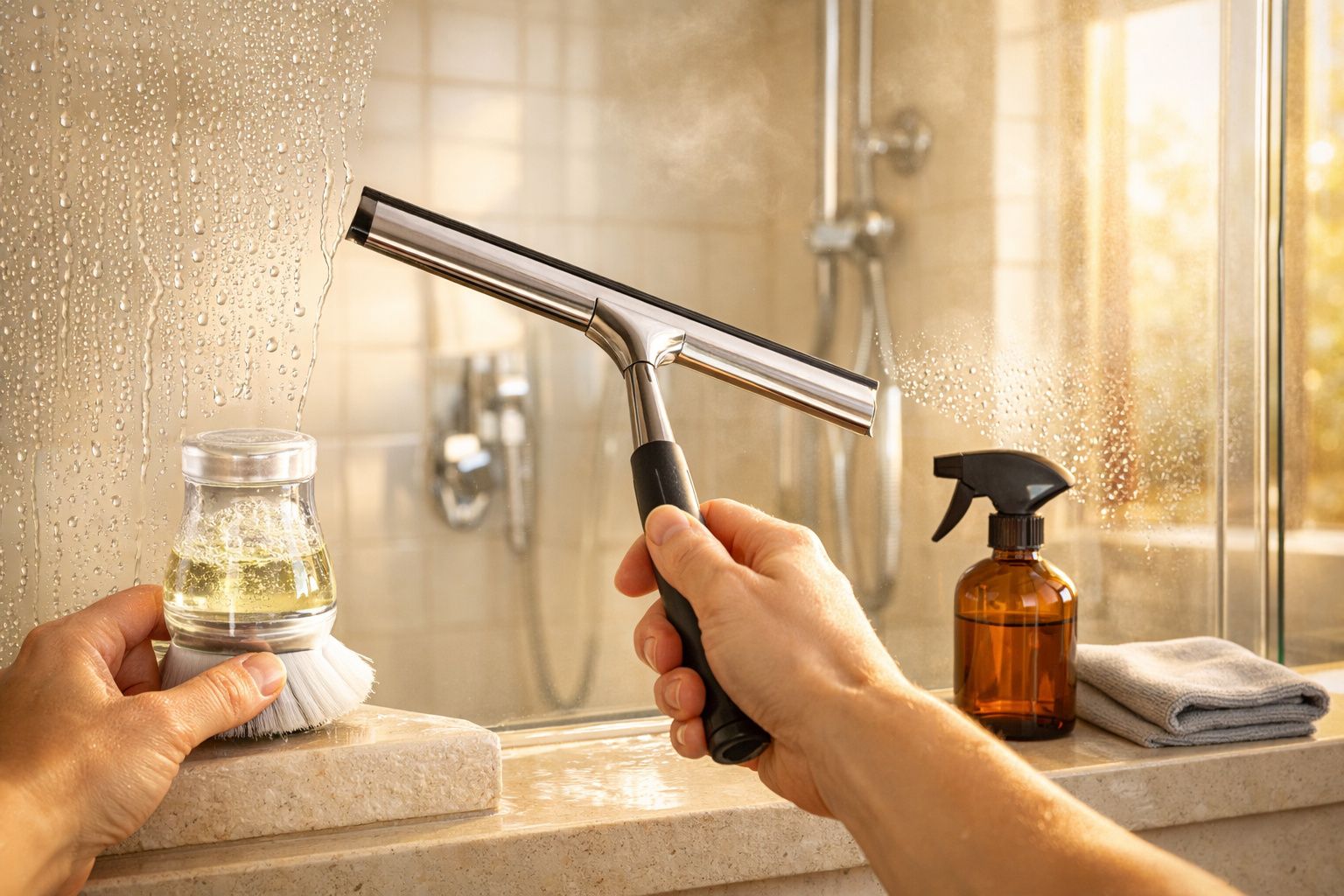 Pessoa a limpar um vidro de casa de banho com uma escova e um limpa-vidros manual.
