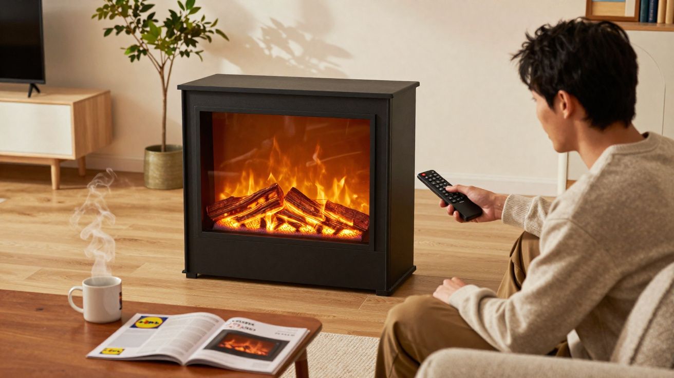 Homem sentado a controlar lareira elétrica com comando, numa sala com mesa, revista e chá quente.
