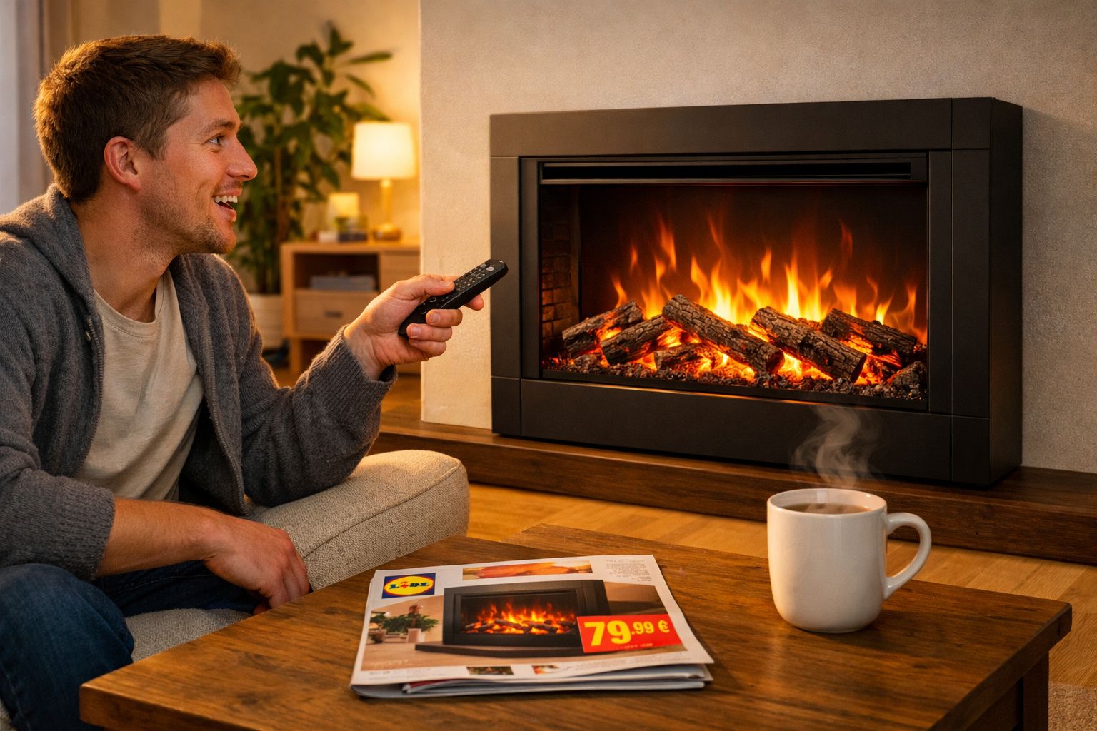 Homem sentado no sofá, a controlar lareira elétrica acolhedora, com chá quente numa caneca.