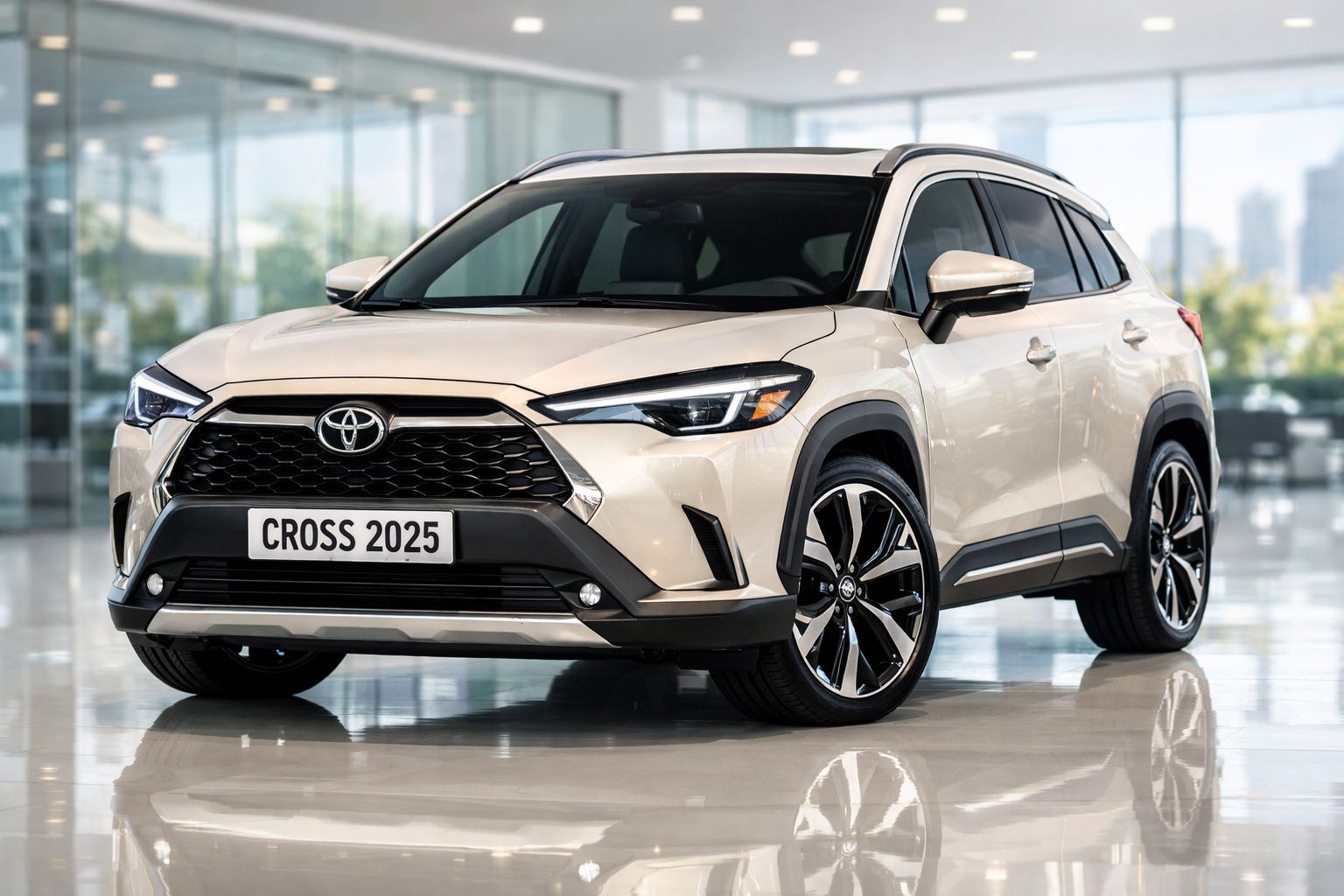 Automóvel Toyota Cross 2025 branco, SUV moderno estacionado em showroom com piso refletor.