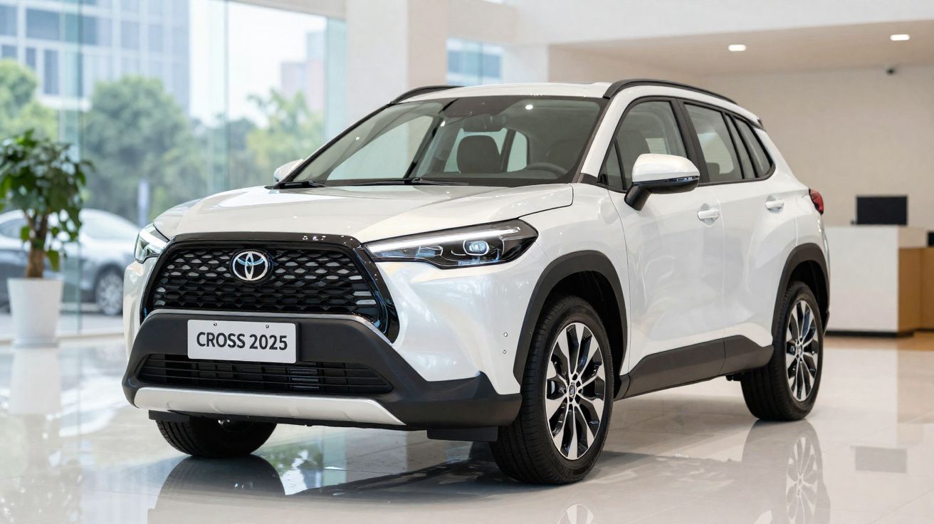 Carro SUV Toyota Cross 2025 branco estacionado num showroom moderno com chão brilhante.