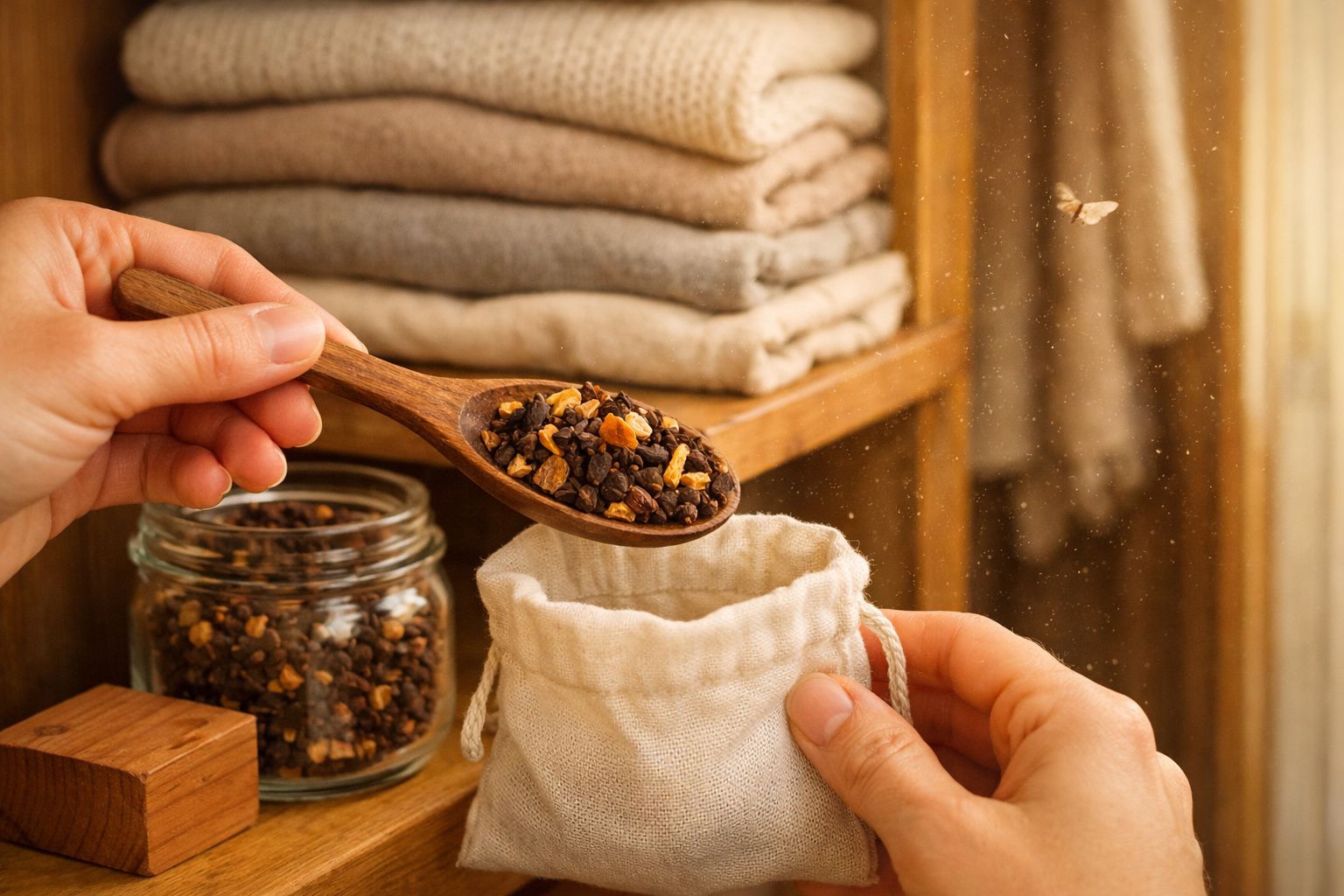 Mãos a colocar ervas aromáticas num saco de algodão com jarro e toalhas ao fundo numa estante de madeira.