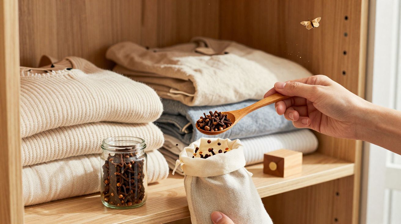 Mãos a colocar cravinho dentro de saco de pano com roupas dobradas numa estante de madeira.