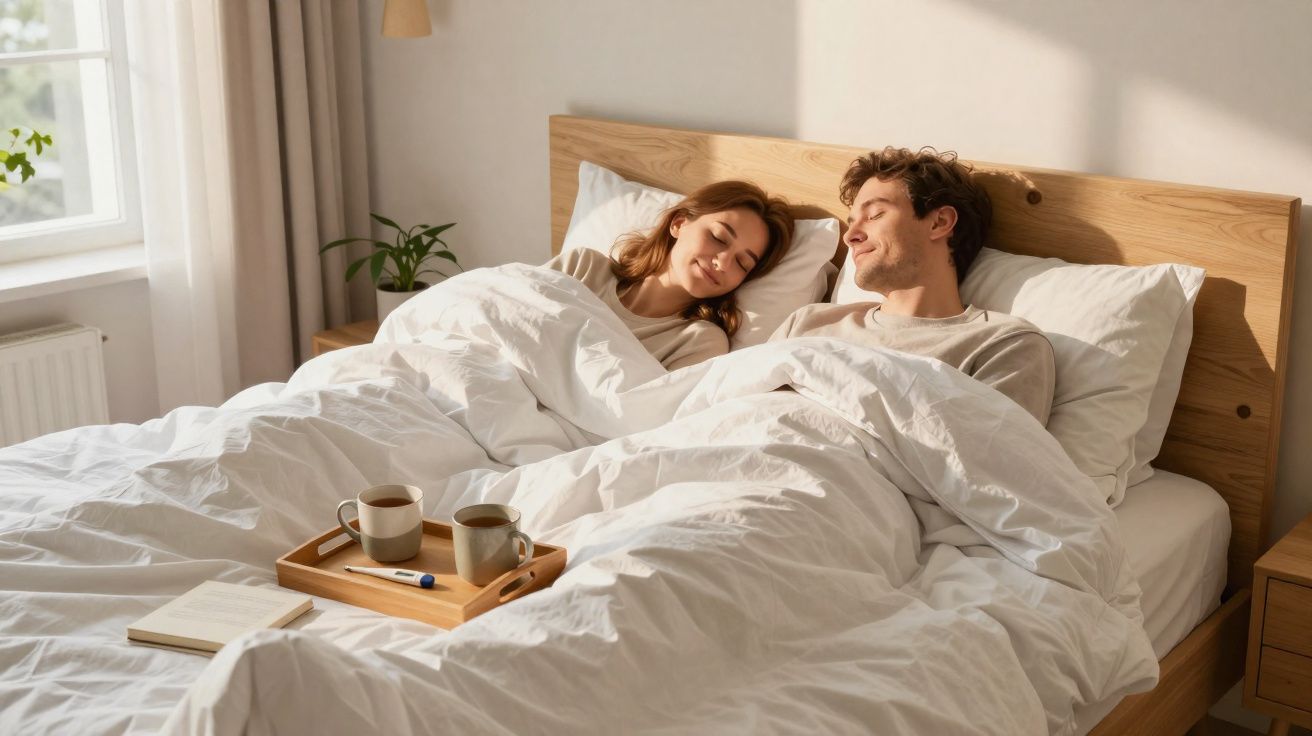 Casal deitado na cama com cobertores brancos, luz natural entra pela janela e bandeja com chá na cama.