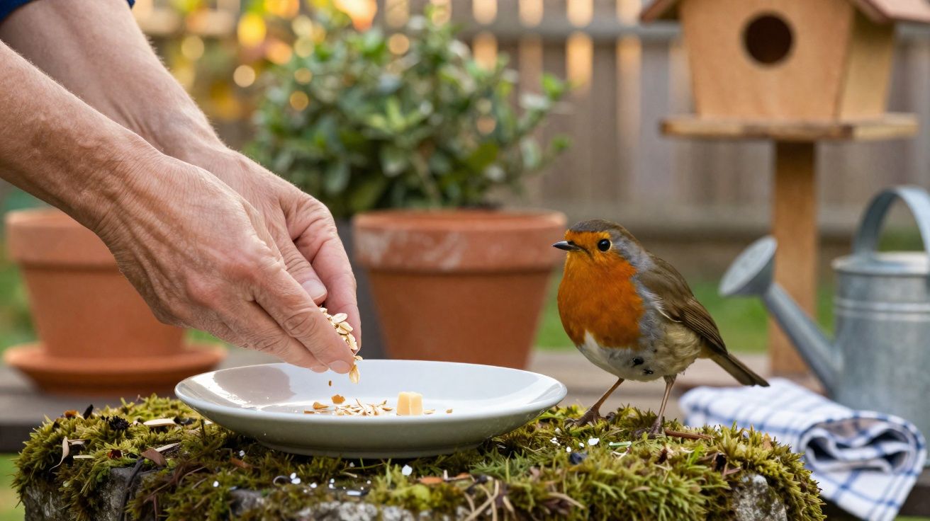 Mãos a colocar comida num prato branco para um pisco-real num tronco coberto de musgo no jardim.