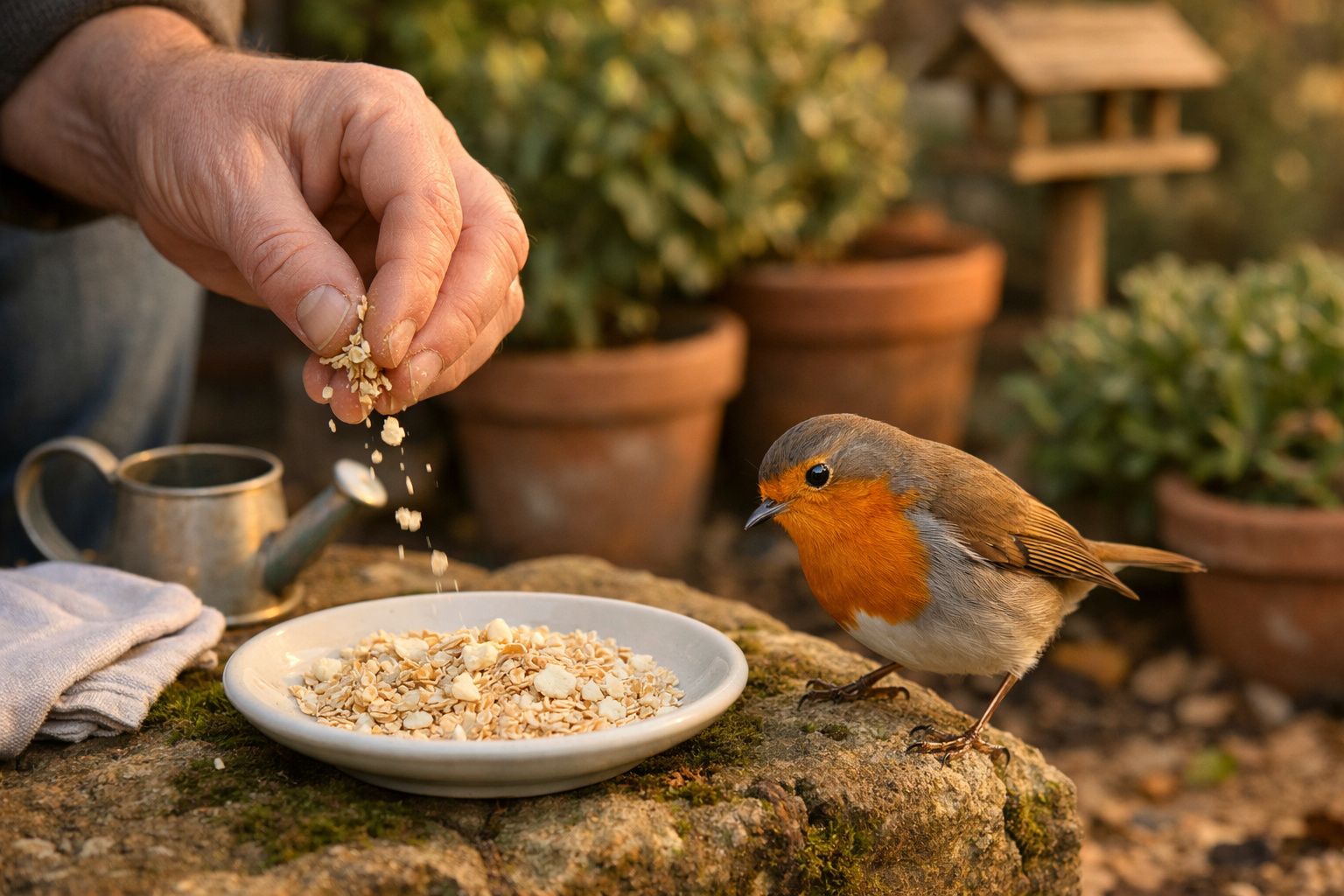 Mão a dar comida em flocos para um pássaro com peito laranja, num cenário de jardim com vasos de plantas.
