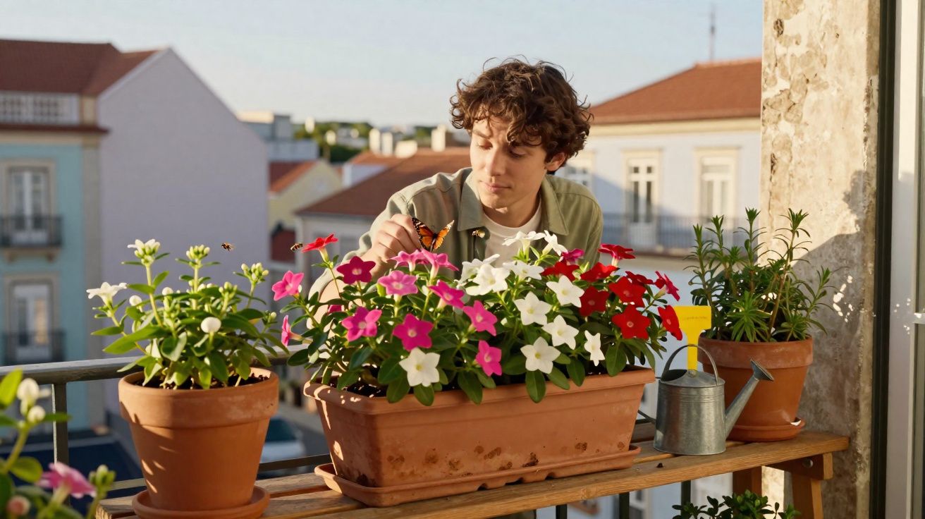 Jovem a cuidar de flores coloridas num vaso numa varanda com casas ao fundo ao final da tarde.
