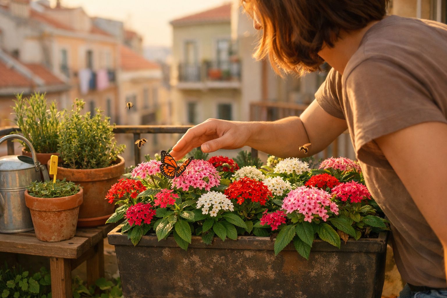 Pessoa a tocar numa borboleta laranja pousada em flores coloridas num terraço urbano ao sol.