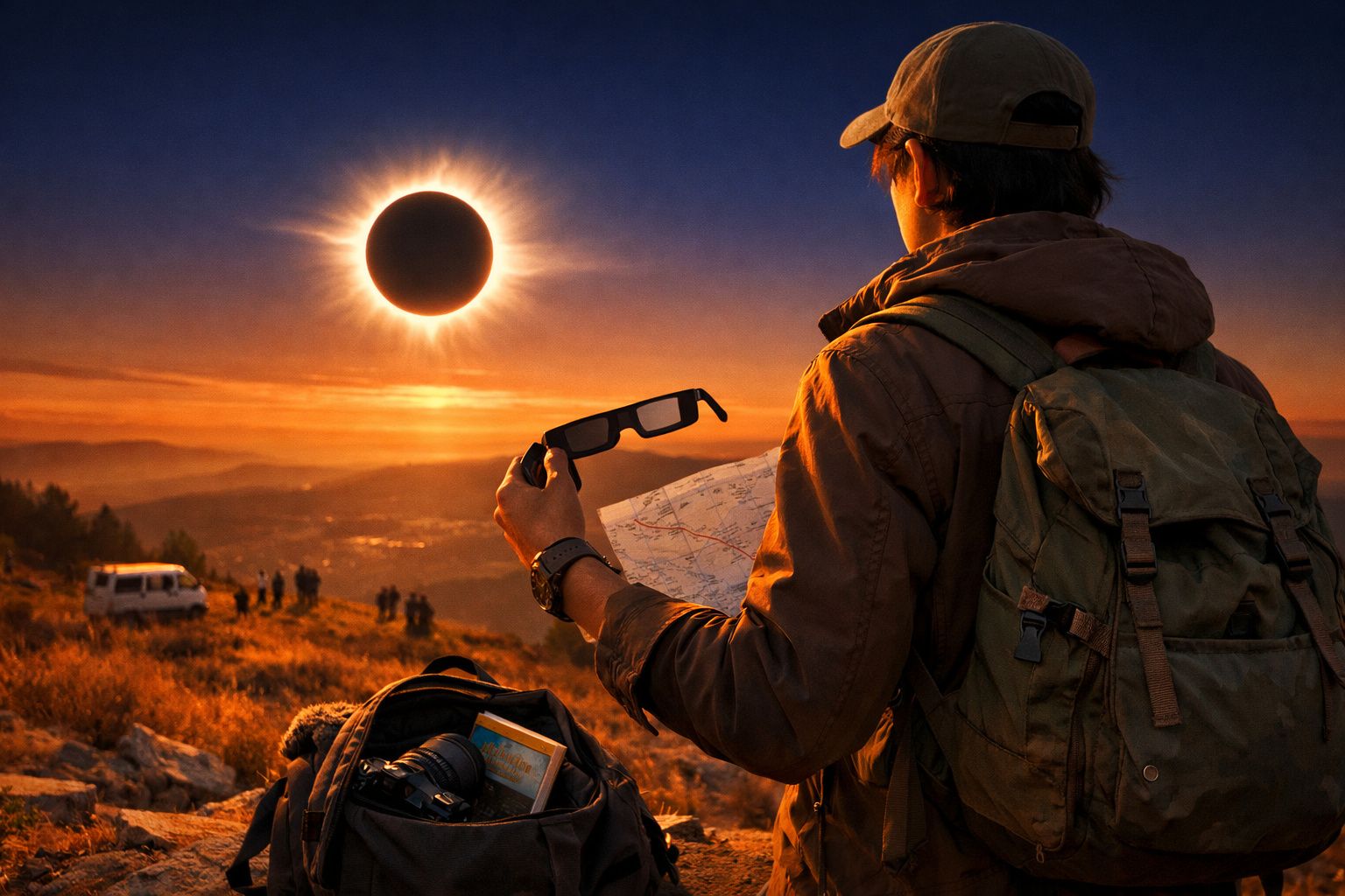 Pessoa com mochila observa eclipse solar total segurando óculos especiais e mapa numa paisagem montanhosa ao pôr do sol.