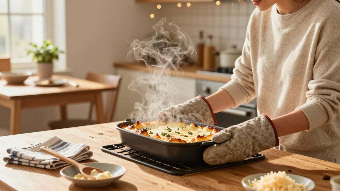 Pessoa a tirar do forno travessa com lasanha fumegante numa cozinha iluminada.