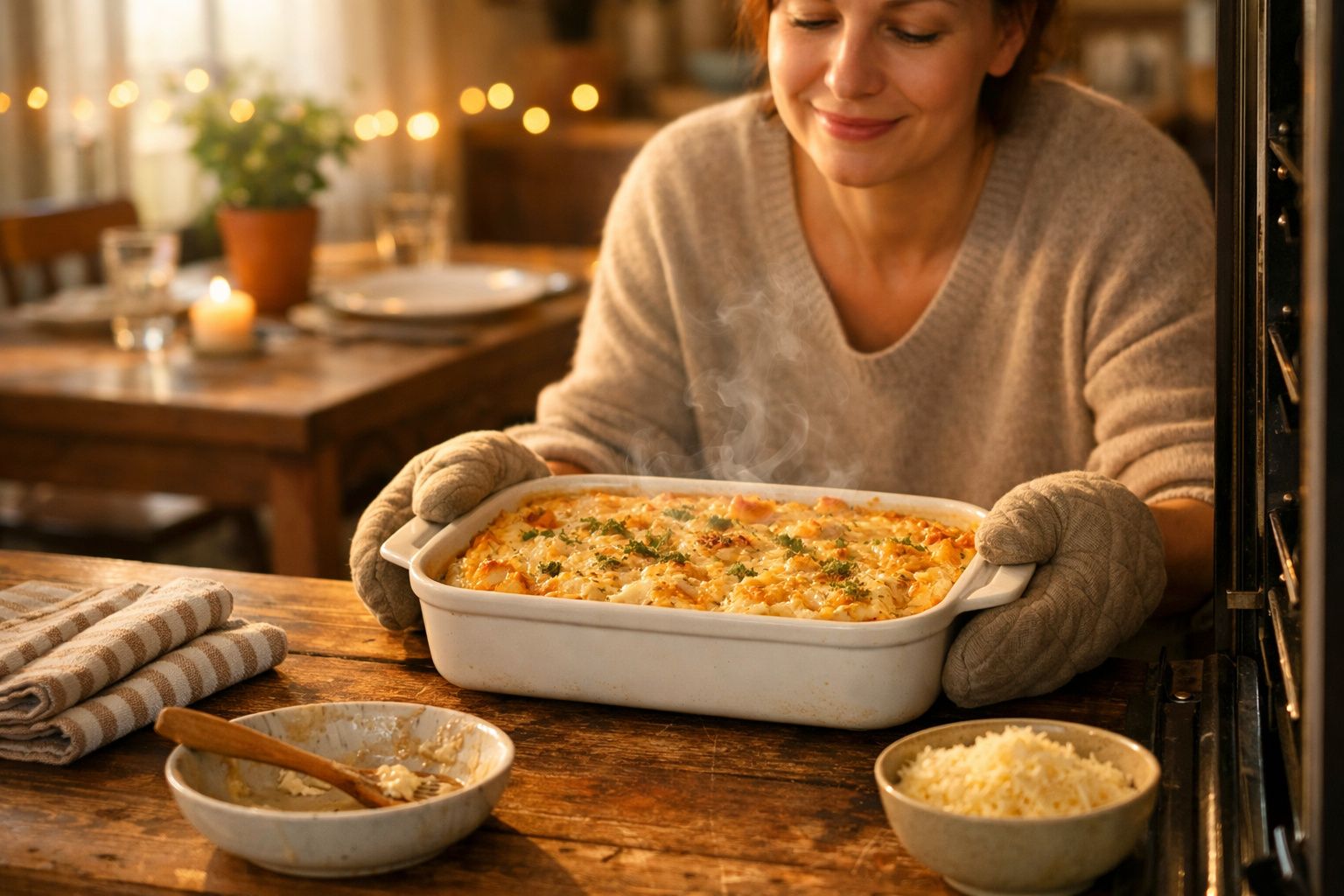 Mulher a retirar tabuleiro com prato gratinado do forno numa cozinha acolhedora e iluminada.