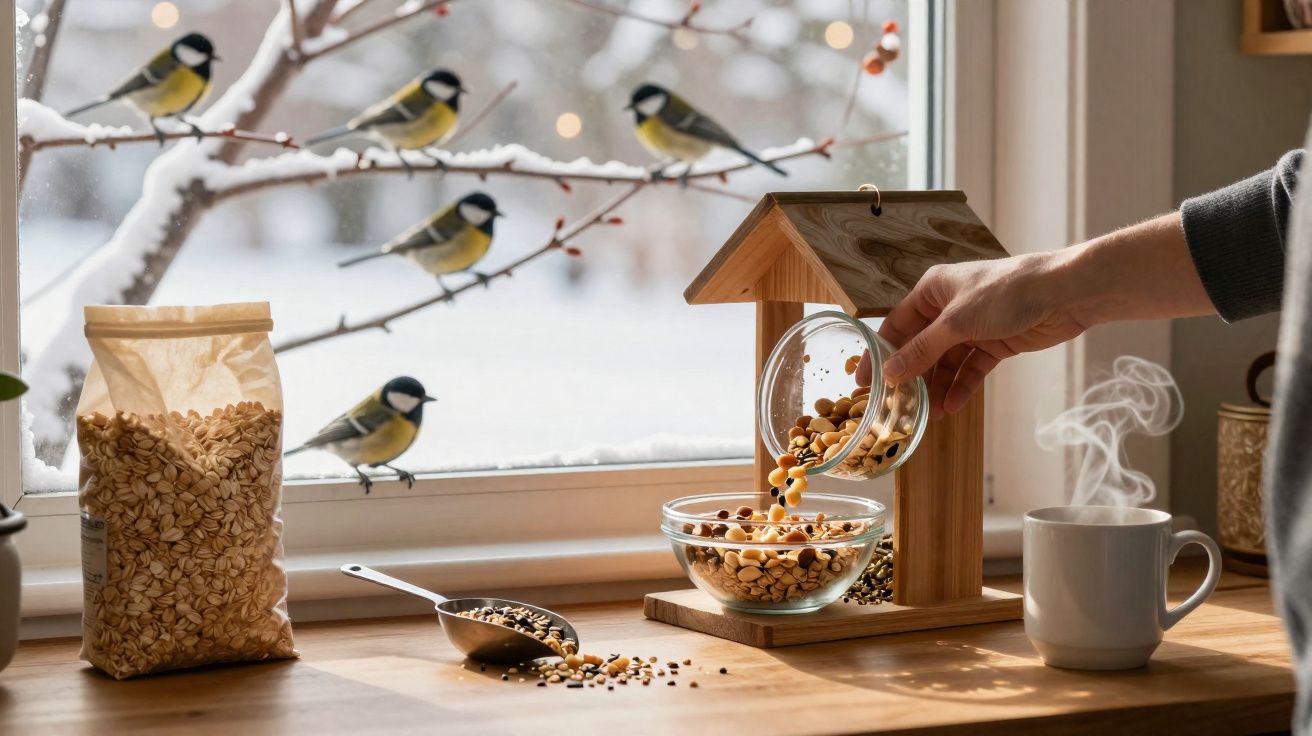 Mãos a alimentar pássaros com nozes junto a janela com vários pássaros empoleirados no exterior.