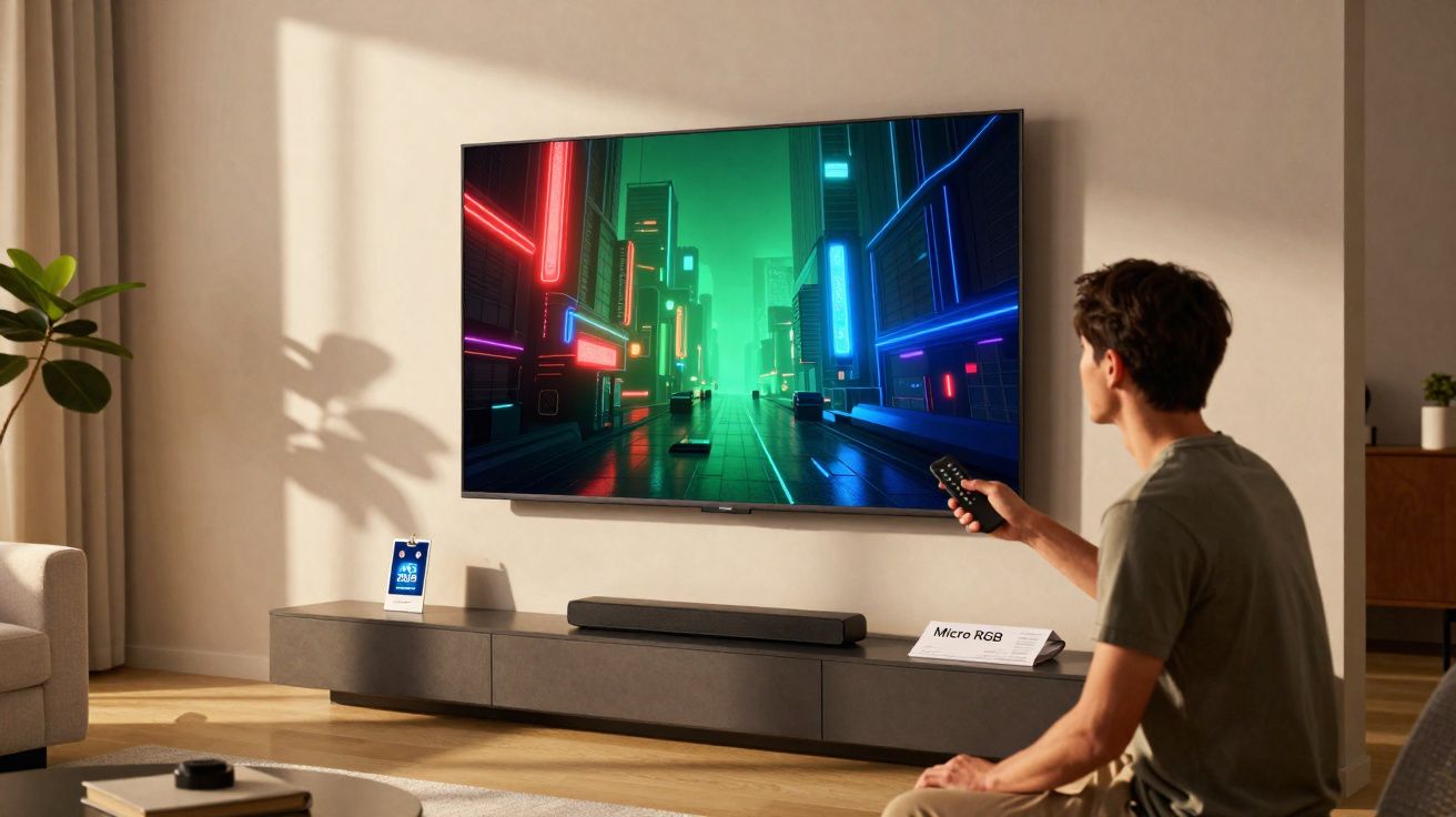 Homem sentado numa sala a usar comando para ver série futurista com luzes neon numa televisão grande.