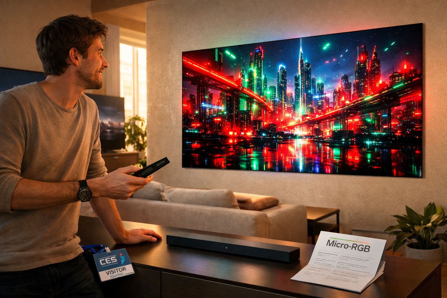 Homem com comando na mão assiste a imagem colorida de cidade futurista num ecrã grande na sala moderna.