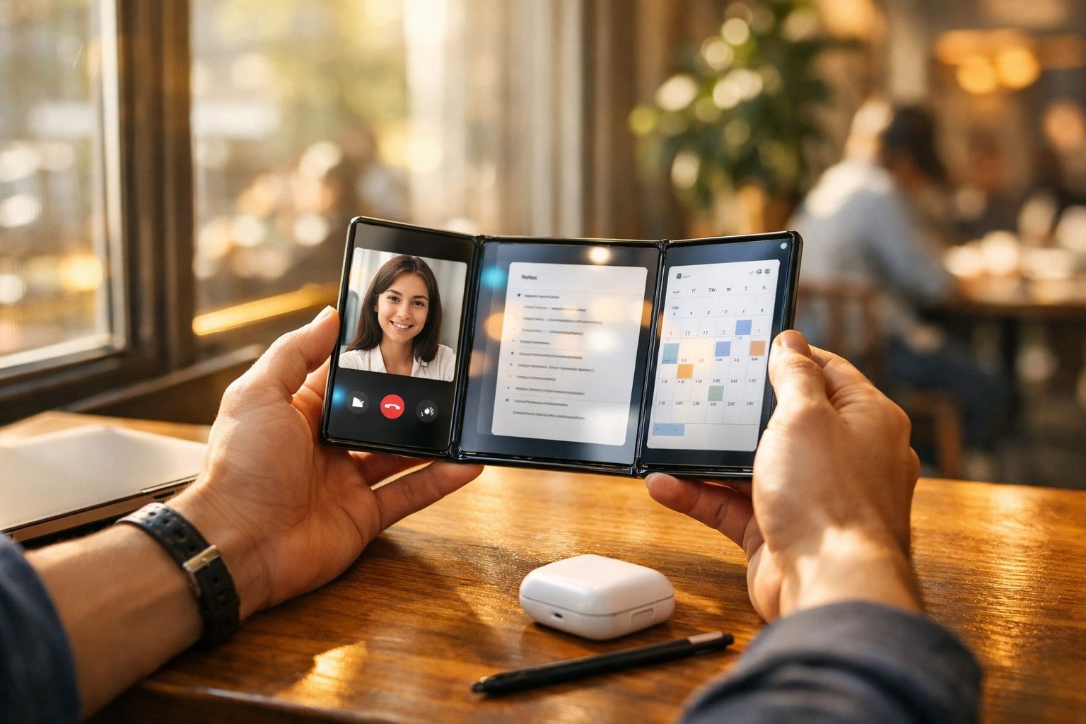 Pessoa a usar smartphone dobrável com três ecrãs para videchamada, documentos e calendário num café.