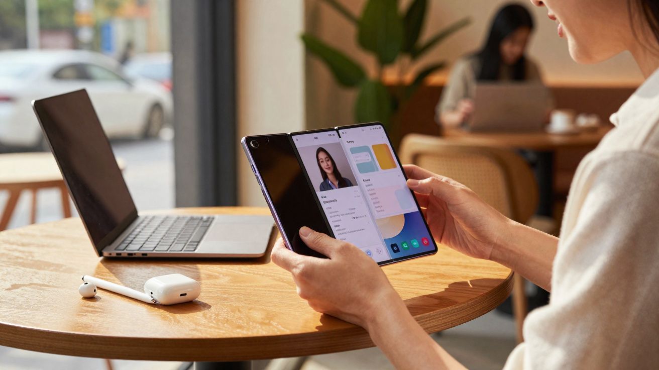 Pessoa a usar telemóvel dobrável num café, com portátil e auscultadores sobre a mesa.
