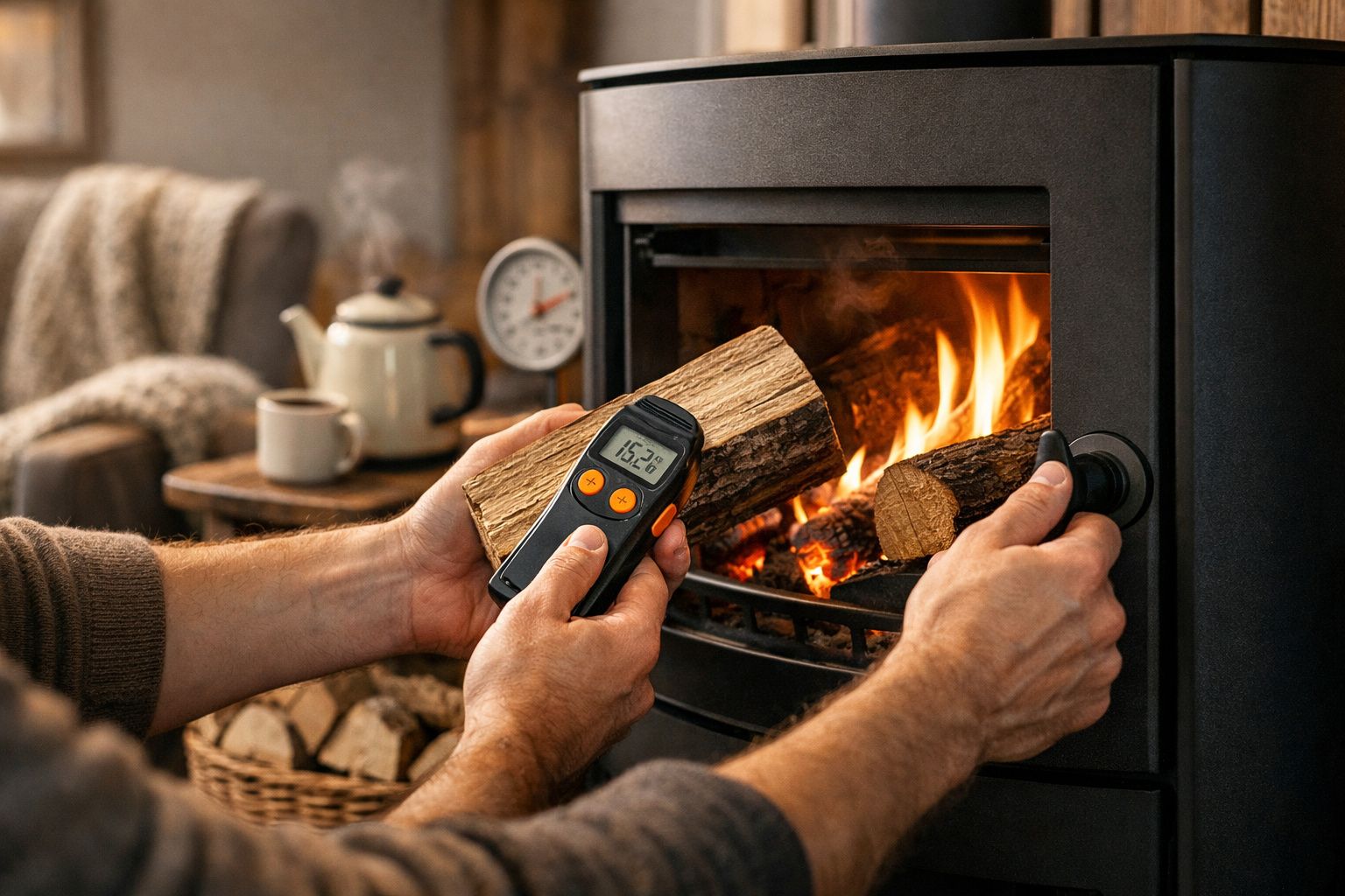 Mãos a medir humidade de tronco de madeira junto a salamandra acesa numa sala acolhedora.
