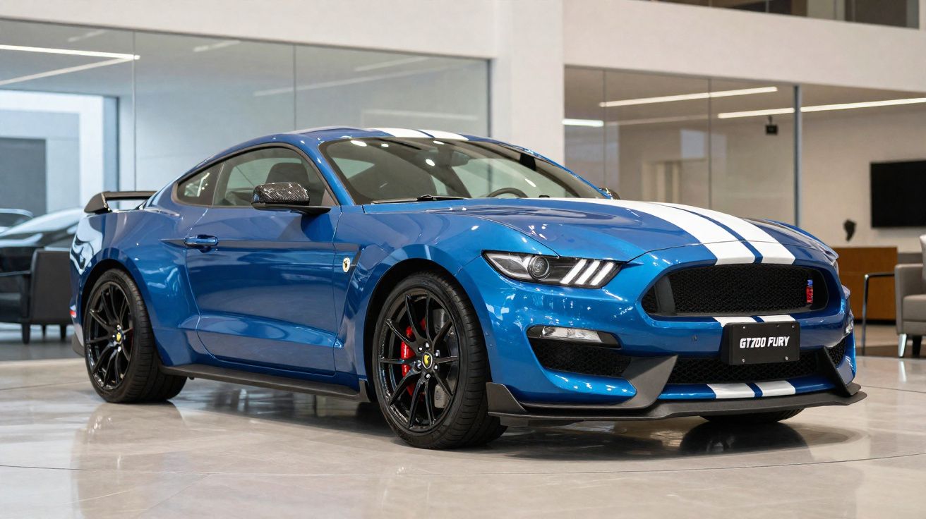 Carro desportivo azul com riscas brancas estacionado num showroom moderno com chão de mármore.