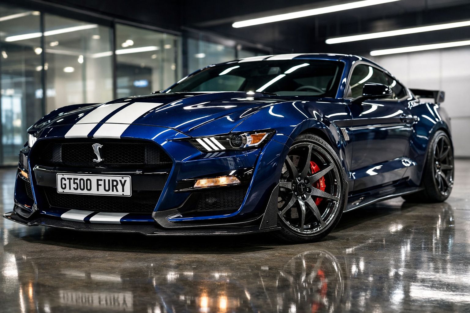 Ford Mustang GT500 azul com faixa branca dupla estacionado em piso brilhante interior moderno