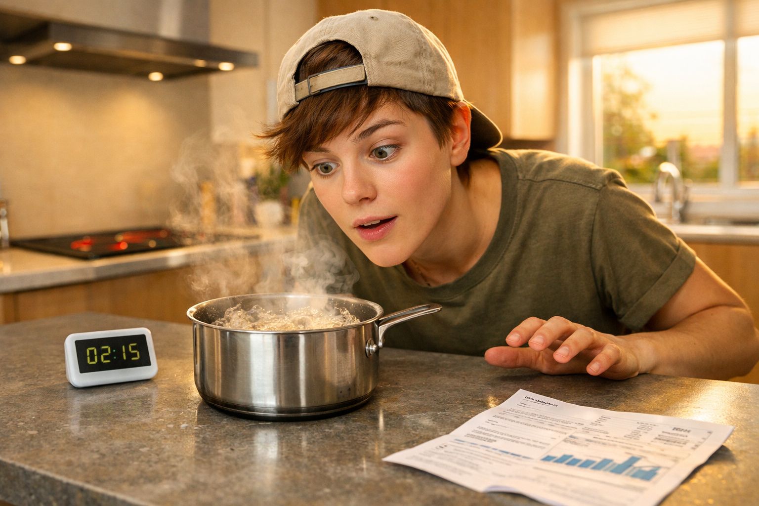 Pessoa surpreendida a observar uma panela a ferver numa cozinha moderna com temporizador digital.