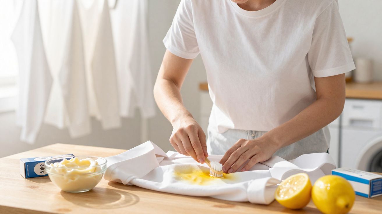 Pessoa a tirar nódoa amarela de uma t-shirt branca com escova, limão e creme numa cozinha.