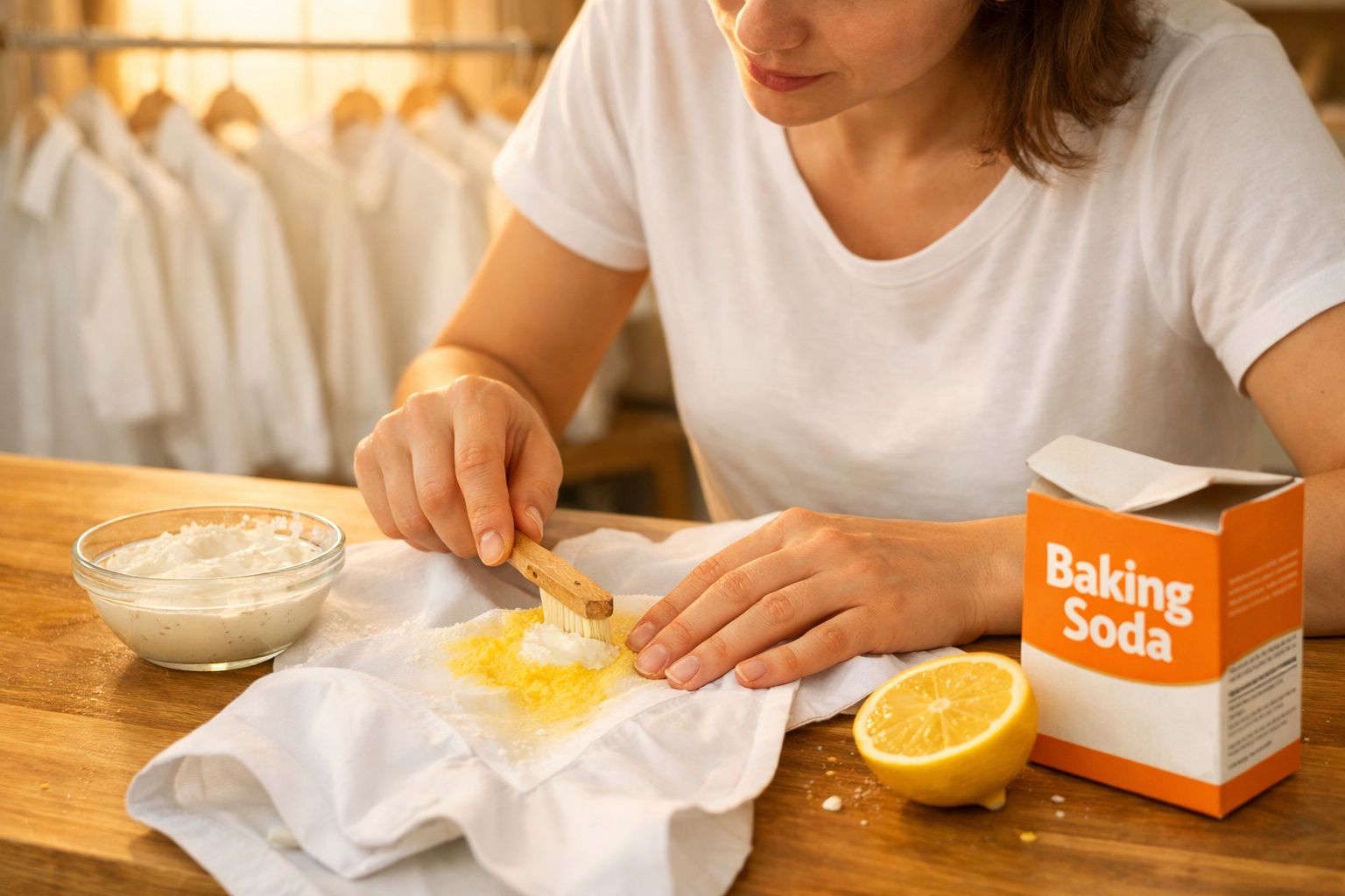 Pessoa a limpar nódoa amarela numa camisa branca com bicarbonato, escova e meio limão numa mesa de madeira.