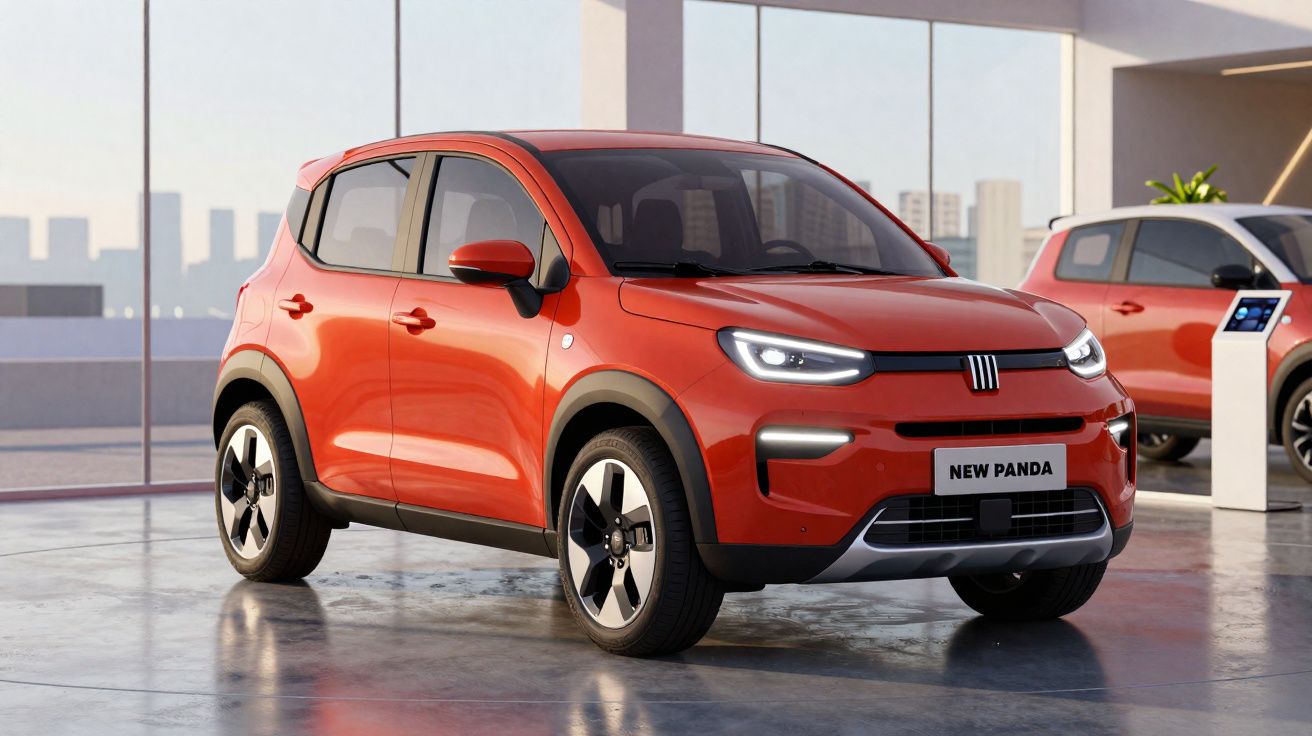 Automóvel Fiat New Panda vermelho estacionado em showroom com janelas amplas e piso polido.