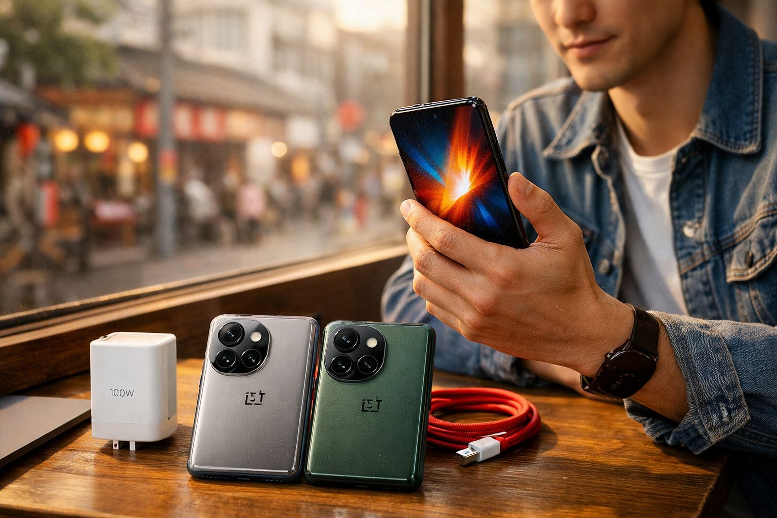 Pessoa a segurar smartphone, com dois telemóveis OnePlus, carregador e cabo USB numa mesa junto a uma janela.