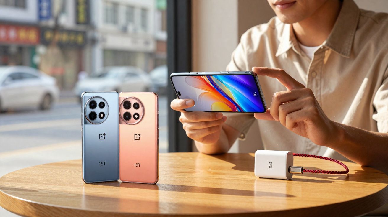 Pessoa a usar smartphone OnePlus 15T junto a dois telemóveis e carregador sobre mesa de madeira.