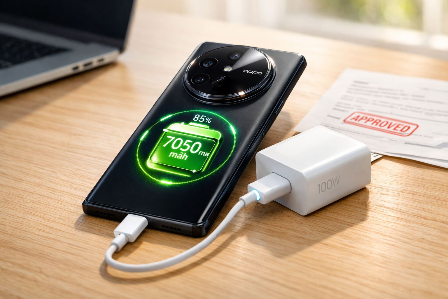 Smartphone Oppo preto a carregar com bateria de 7050 mAh a 85%, carregador rápido de 100W sobre mesa de madeira.