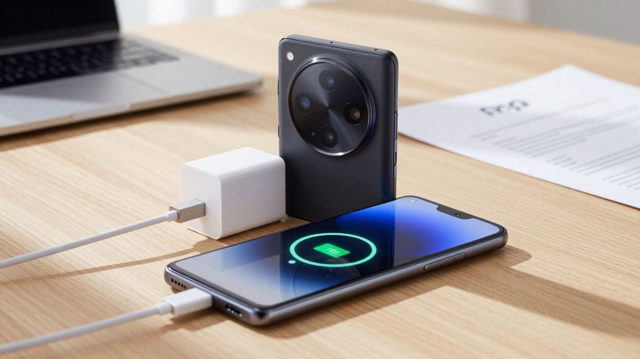 Dois smartphones e um carregador num tampo de madeira, um telemóvel está a carregar ligado ao carregador.