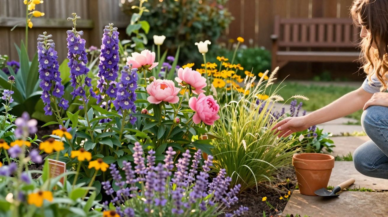 Mulher a cuidar de flores coloridas num jardim com vaso e enxada ao lado.