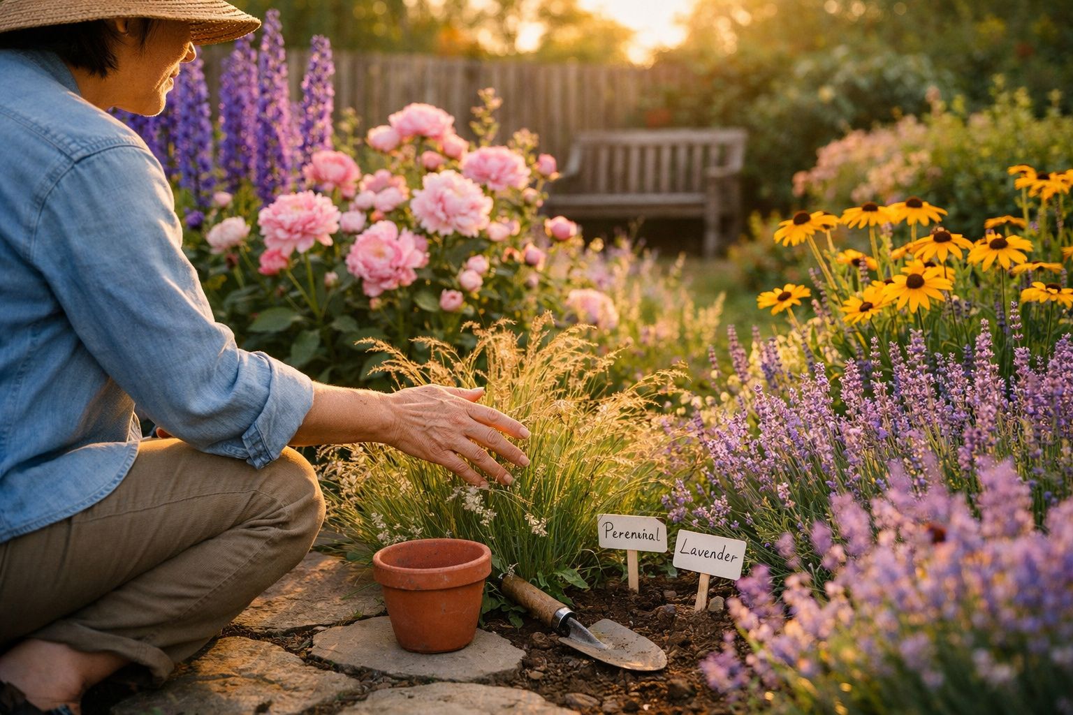Pessoa a cuidar de flores coloridas num jardim ao pôr do sol, entre plantas de lavanda e flores perenes.