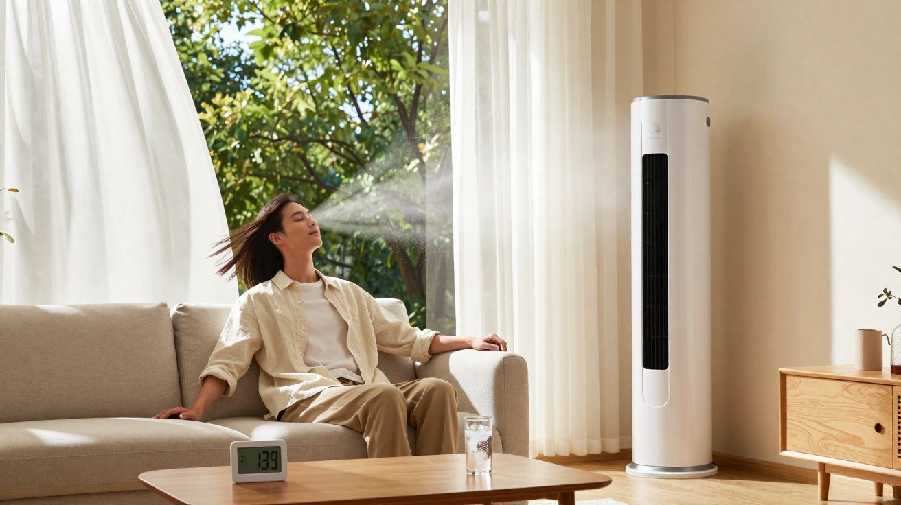 Mulher relaxa num sofá enquanto um ventilador alto espalha ar fresco numa sala luminosa.