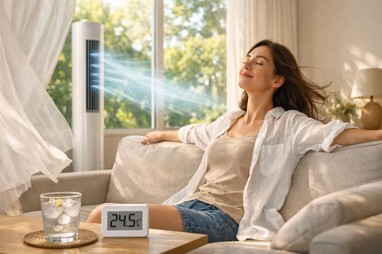 Mulher relaxa no sofá com vento fresco de ventilador e temperatura de 24,5°C numa sala luminosa.