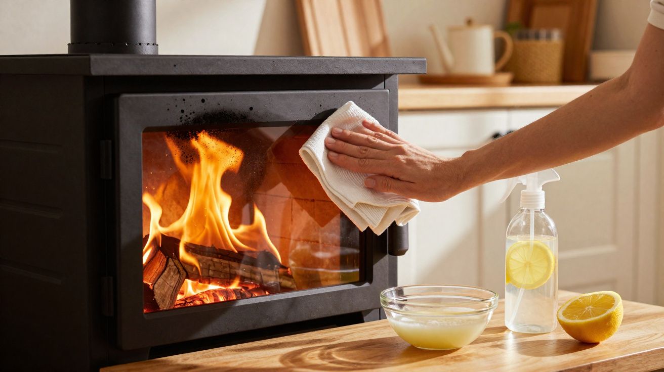 Pessoa a limpar a porta de vidro de uma salamandra acesa numa cozinha com produtos caseiros à vista.