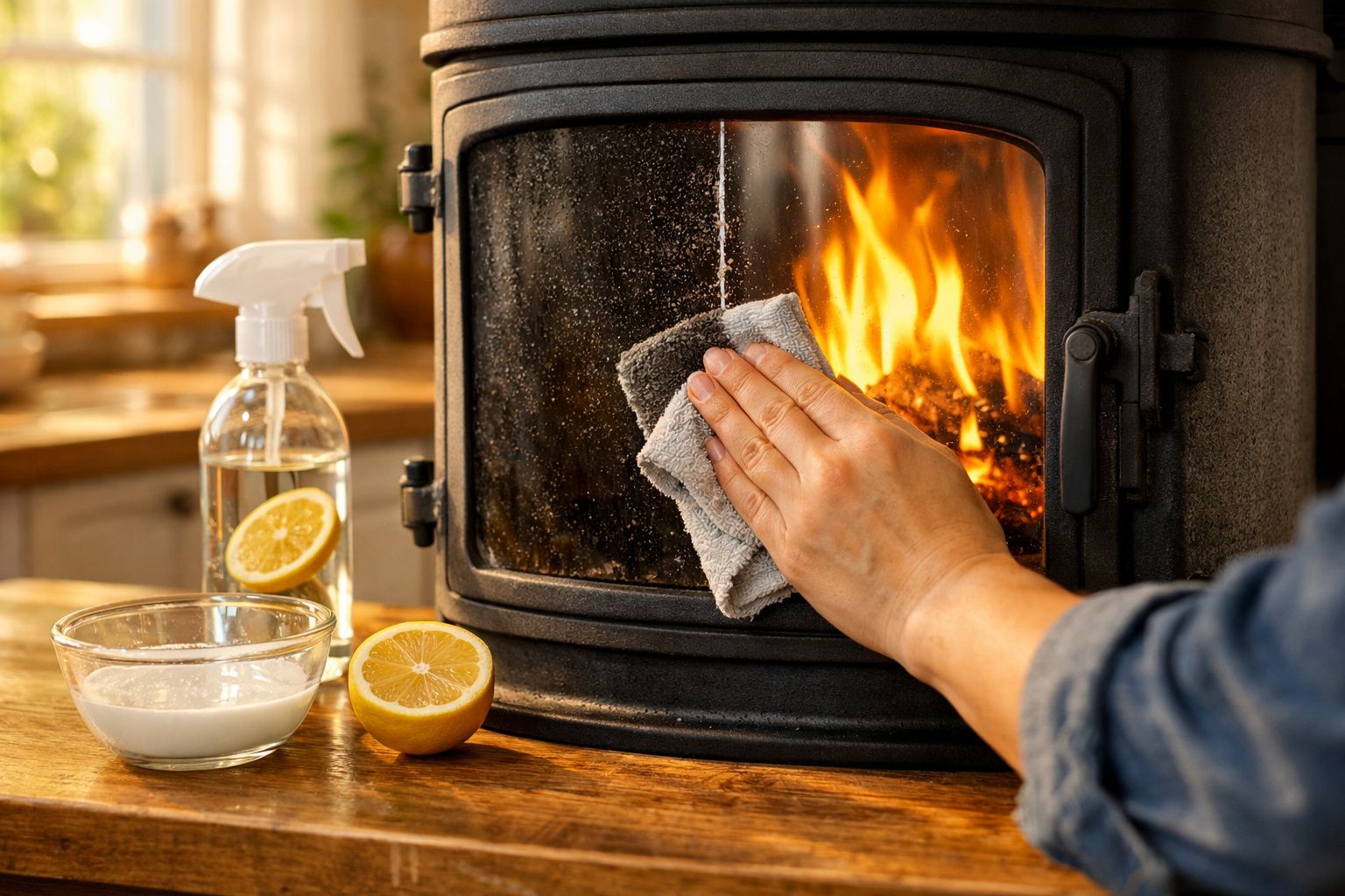 Mão a limpar a porta de vidro de uma lareira com pano, com limão e bicarbonato na mesa em segundo plano.