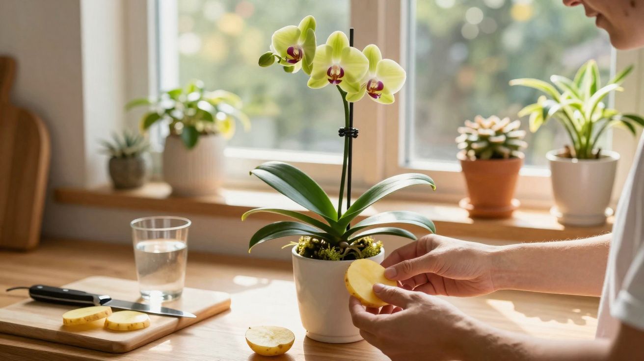 Pessoa a cuidar de orquídea amarela com folhas verdes junto a janela iluminada na cozinha.