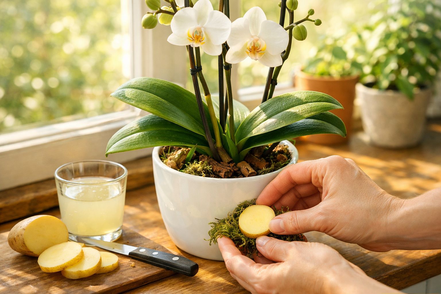 Mãos colocam fatia de batata em musgo junto a orquídea branca em vaso, com vidro de sumo e faca à vista.