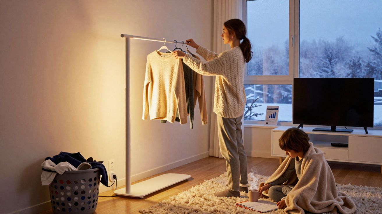 Mulher organiza camisas em cabide enquanto criança senta no tapete com manta numa sala iluminada.