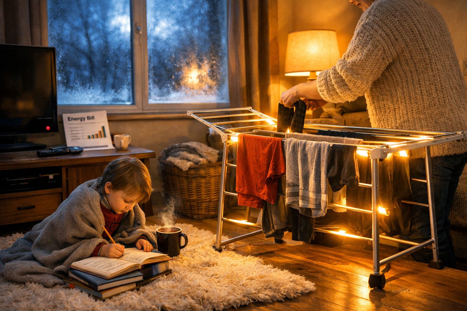 Criança a estudar no chão junto a chá quente, enquanto adulto seca roupa num estendal iluminado numa sala aconchegante.