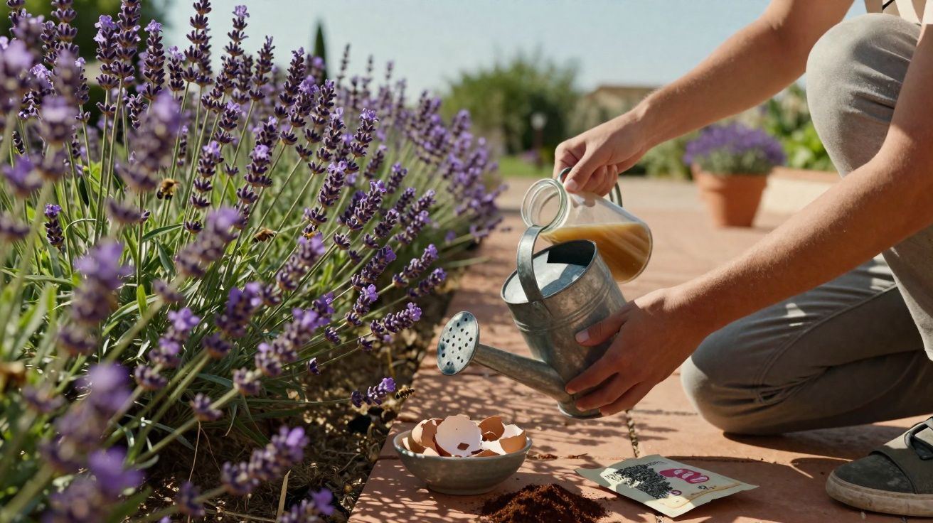 Pessoa a regar plantas de lavanda com um regador metálico num jardim ensolarado.