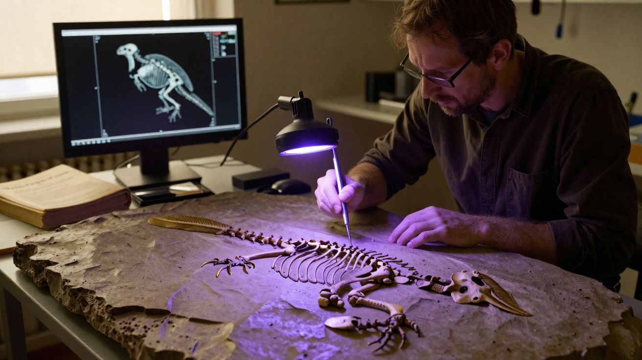 Cientista analisa e limpa fóssil de dinossauro em laboratório com ajuda de luz e imagem digital.