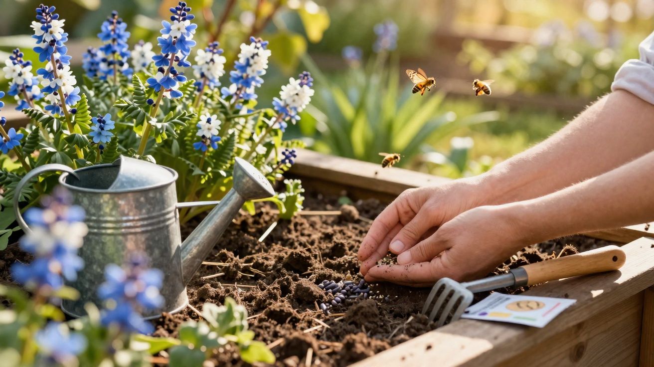 Mãos a semear sementes em terra de canteiro com flores azuis, regador e pequenas abelhas a voar.
