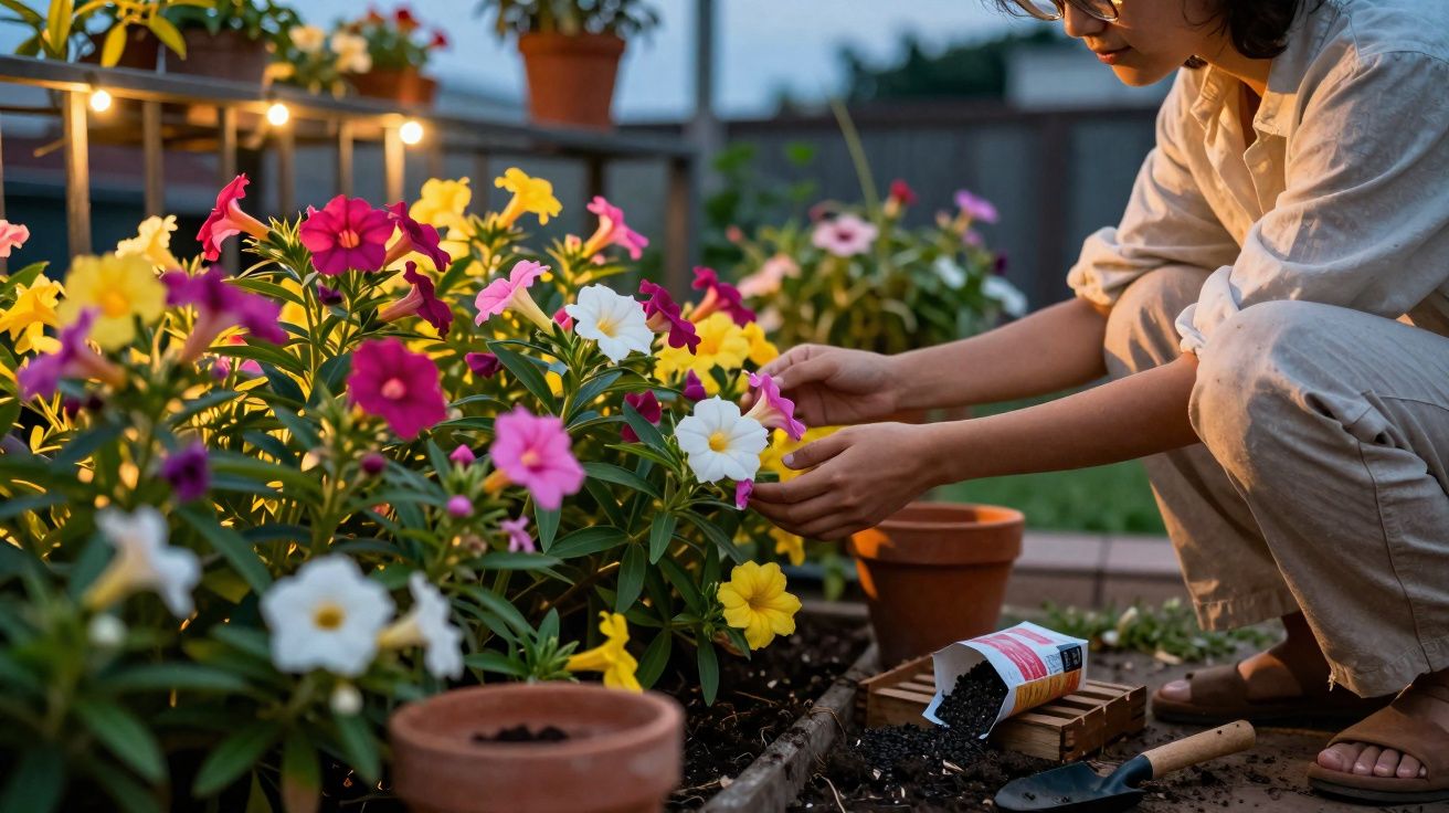 Mulher a cuidar de flores coloridas num jardim ao entardecer, com ferramentas de jardinagem ao lado.