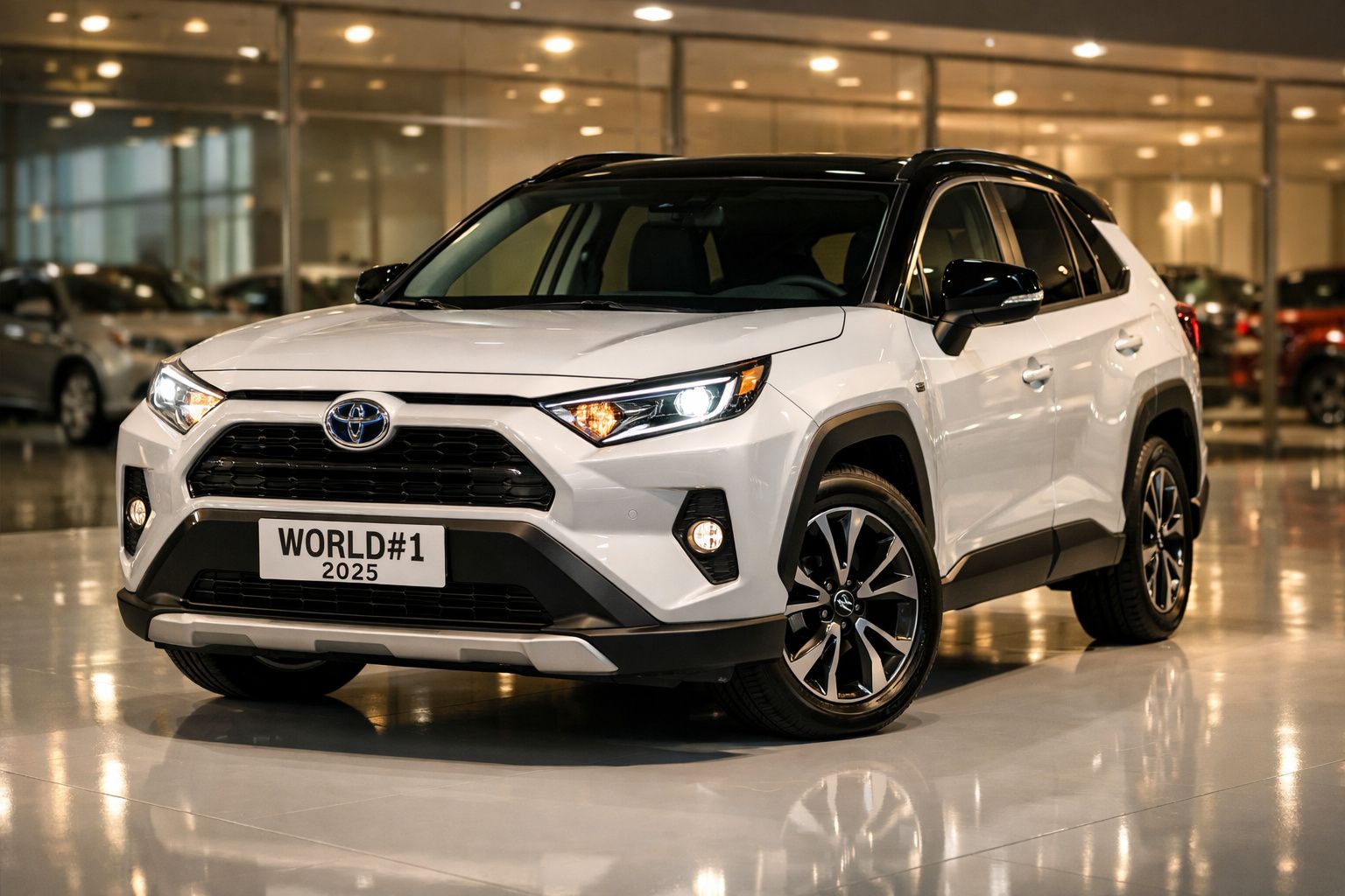 Automóvel SUV Toyota branco com tejadilho preto exposto em showroom iluminado.