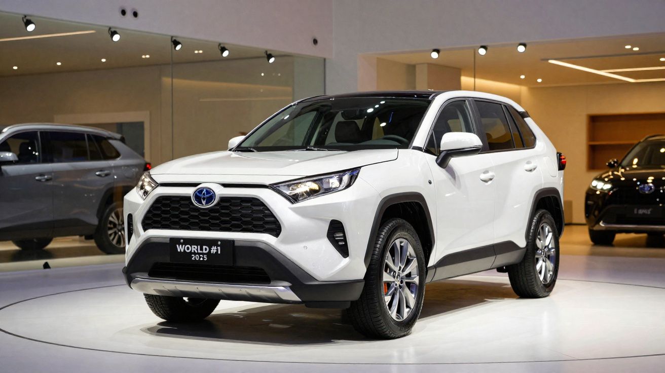 Carro Toyota SUV branco em exposição, com placa "WORLD #1 2023", ambiente moderno e iluminação suave.