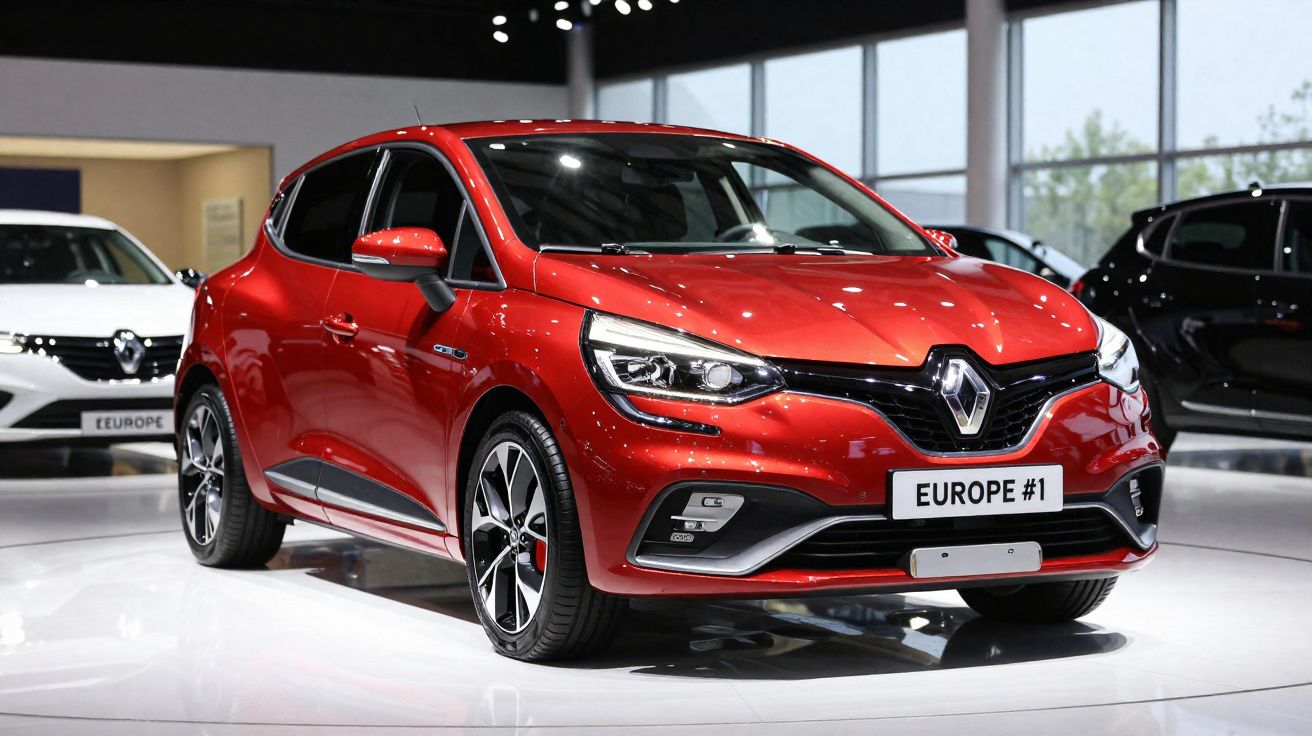Carro desportivo vermelho Renault Clio exposto num salão automóvel com faróis acesos.