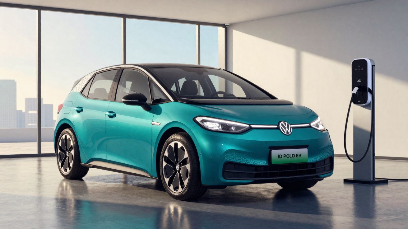 Carro elétrico Volkswagen ID. Polo EV azul estacionado em interior com carregador elétrico ao lado.