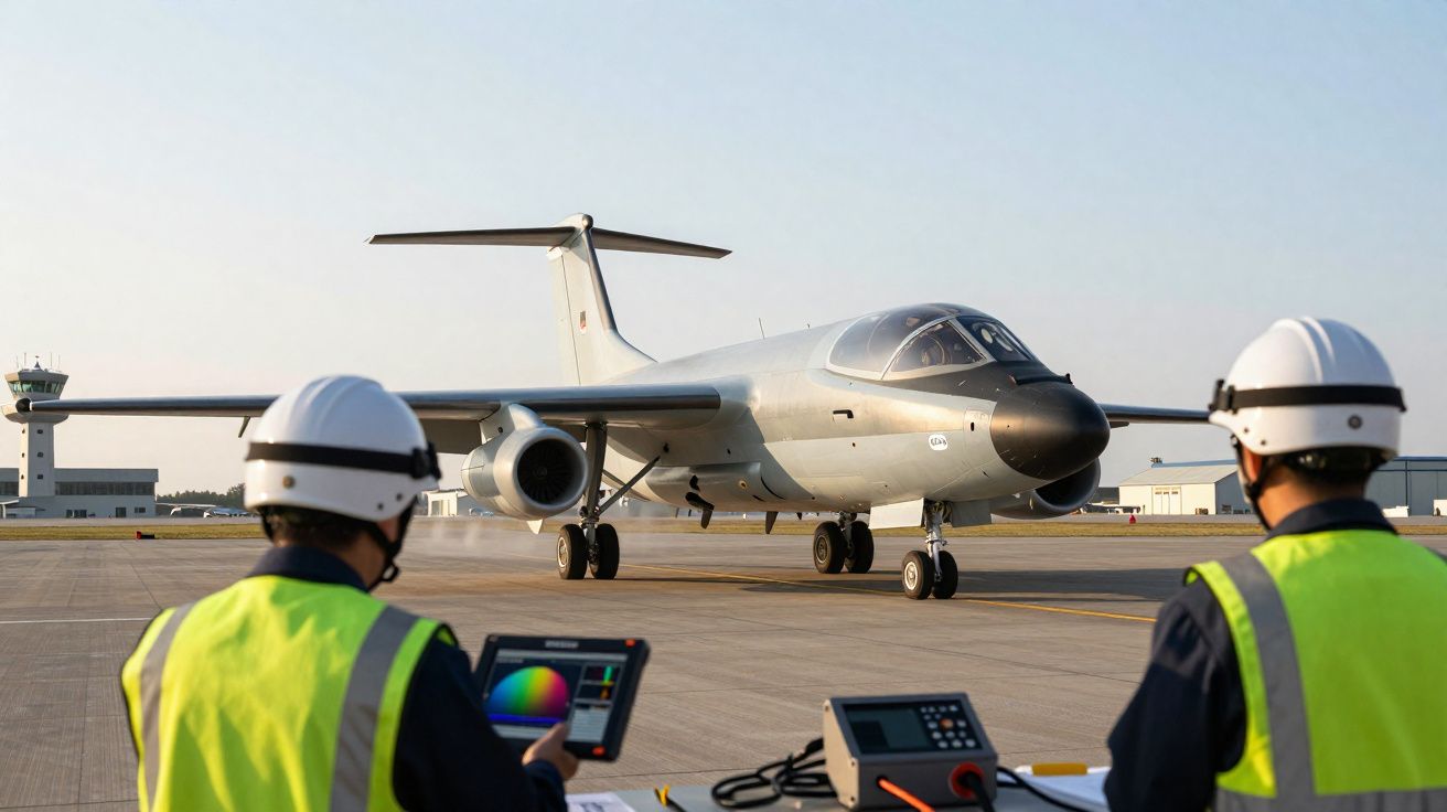 Avião militar cinzento na pista com dois técnicos de segurança em coletes refletivos a operar equipamentos.